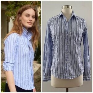 Frank and Eileen Barry Relaxed Crinkle Button Up Shirt White Blue Pinstripe Sz S